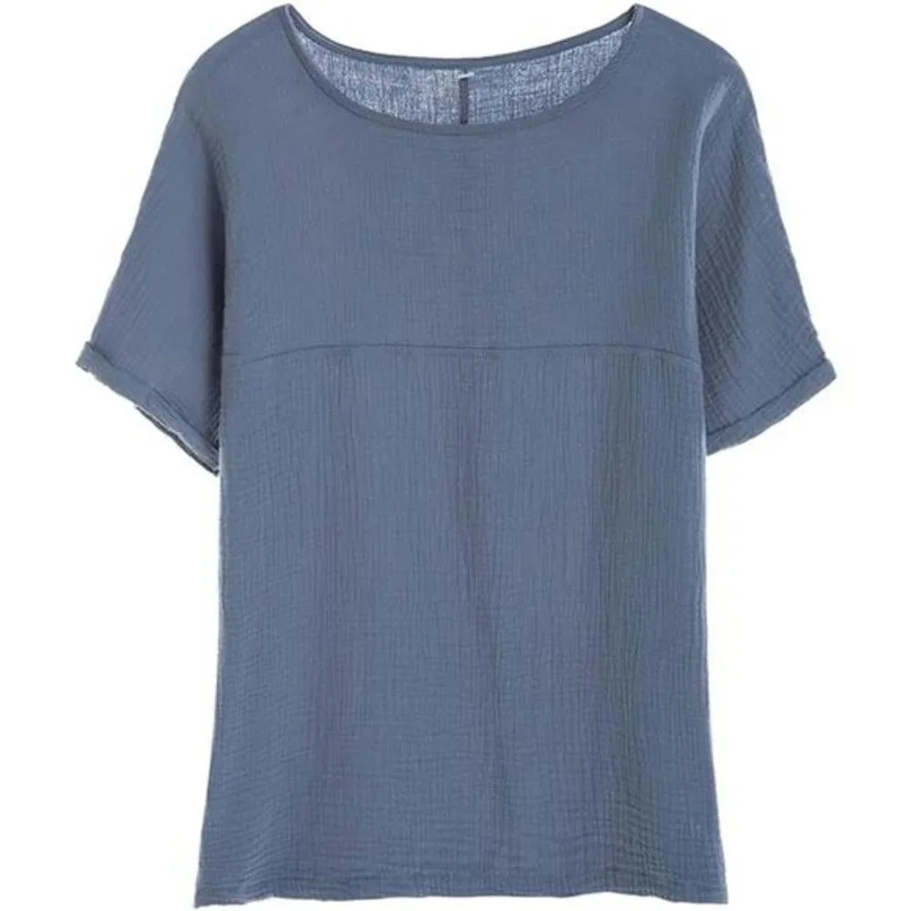 Women's Cotton Linen Round Collar Boxy Top Patchwork Blouse, Blue Grey